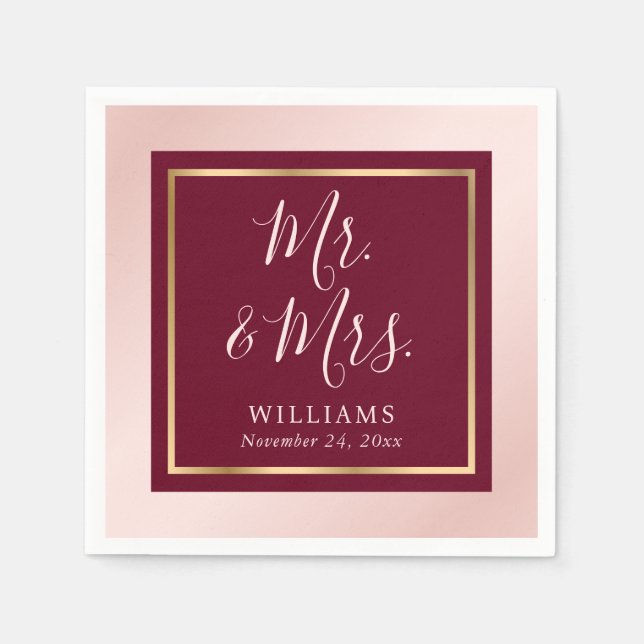 Burgundy Blush Gold Mr and Mrs Wedding Napkin (Front)