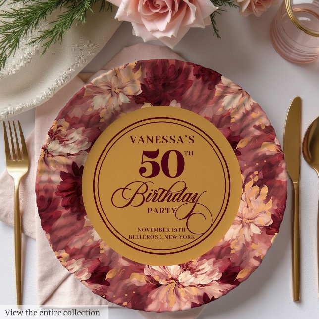 Burgundy blush gold roses woman 50th birthday   paper plate (Burgundy blush gold roses woman 50th birthday Paper Plates)