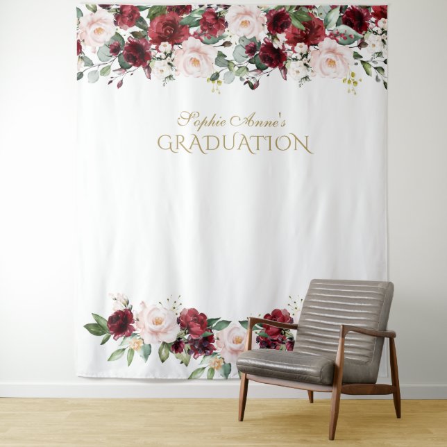 Burgundy Blush Graduation Photo Booth Backdrop Tapestry (In Situ)