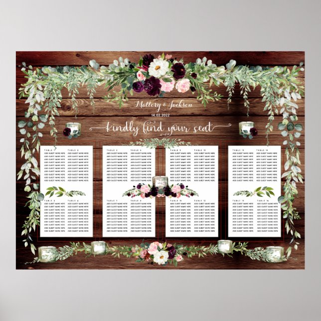 Burgundy Blush Greenery Garland 160 Guest Seating Poster (Front)