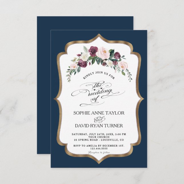 Burgundy Blush Ivory Floral Bloom Gold Wedding Invitation (Front/Back)