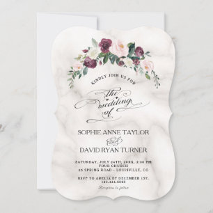 Burgundy Blush Ivory Floral Bloom Marble Wedding Invitation