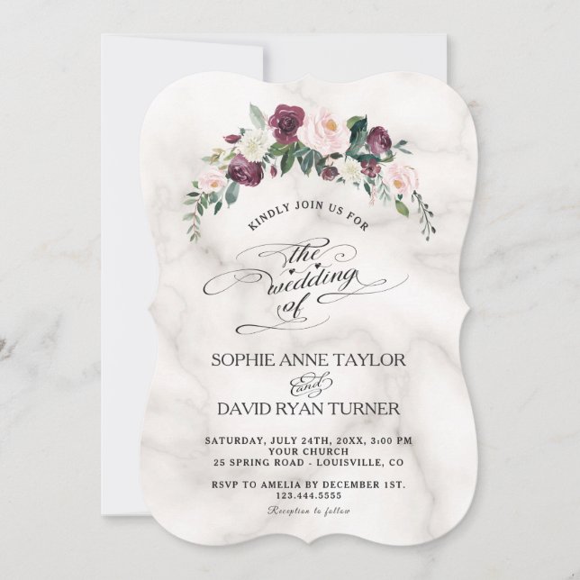Burgundy Blush Ivory Floral Bloom Marble Wedding Invitation (Front)