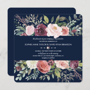 Burgundy Blush Ivory Floral Navy Blue Wedding Invitation