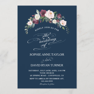 Burgundy Blush Ivory Floral Navy Blue Wedding Invitation