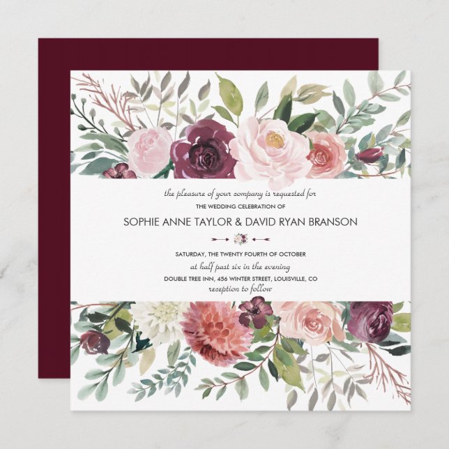 Burgundy Blush Ivory Floral Wreath Wedding Invitation (Front/Back)