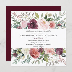 Burgundy Blush Ivory Floral Wreath Wedding Invitation