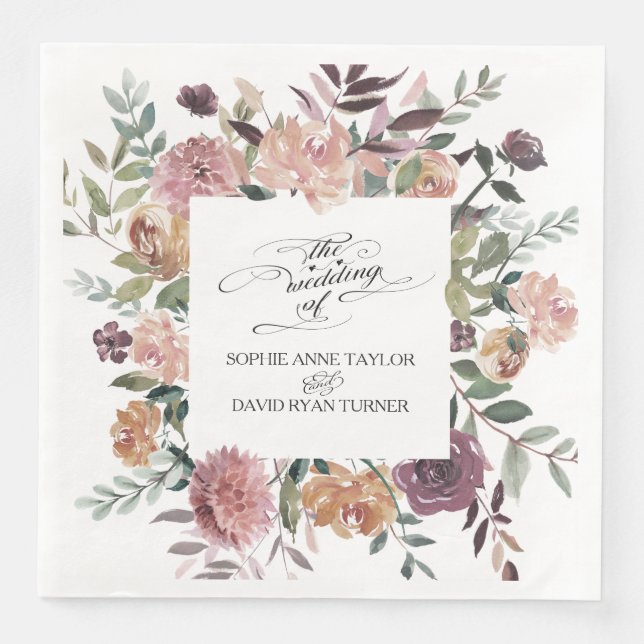 Burgundy Blush Ivory Floral Wreath Wedding Napkin (Front)