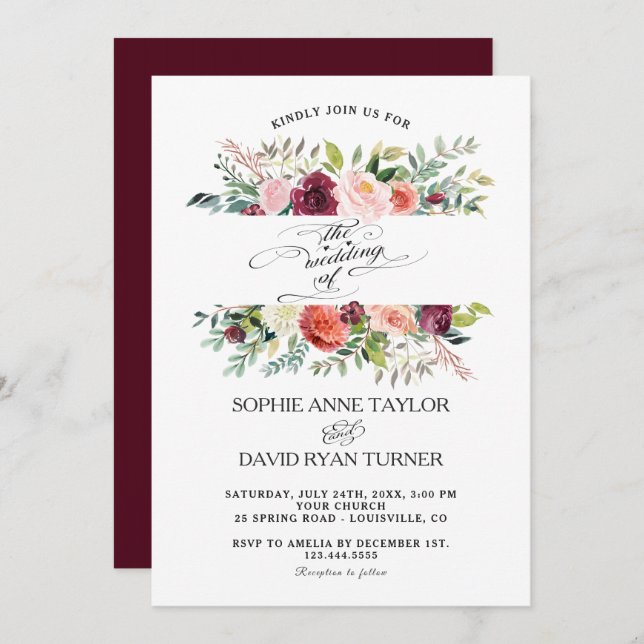 Burgundy Blush Ivory Flowers Frame Wedding Invitation (Front/Back)