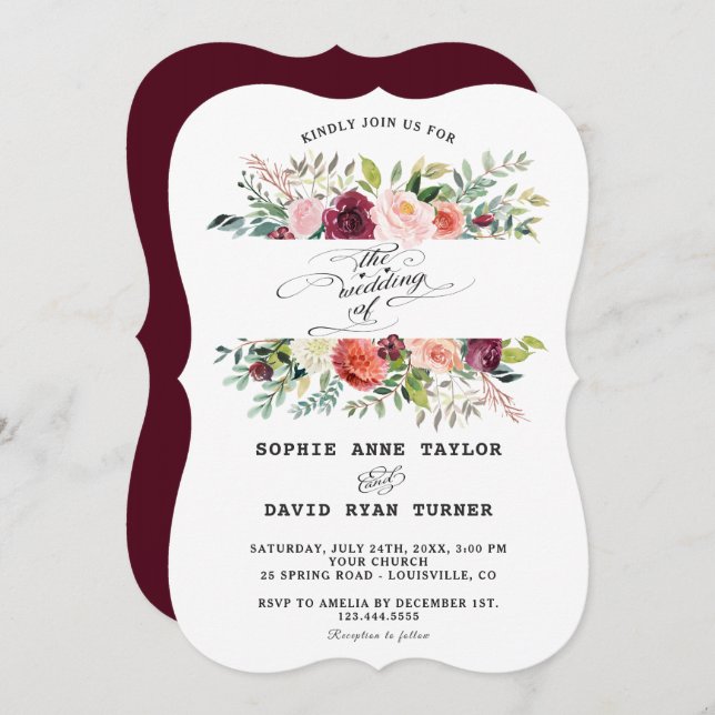 Burgundy Blush Ivory Flowers Frame Wedding Invitation (Front/Back)