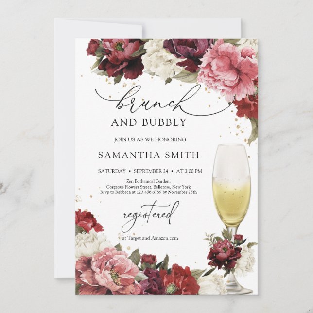 Burgundy blush maroon flowers brunch and bubbly invitation (Front)