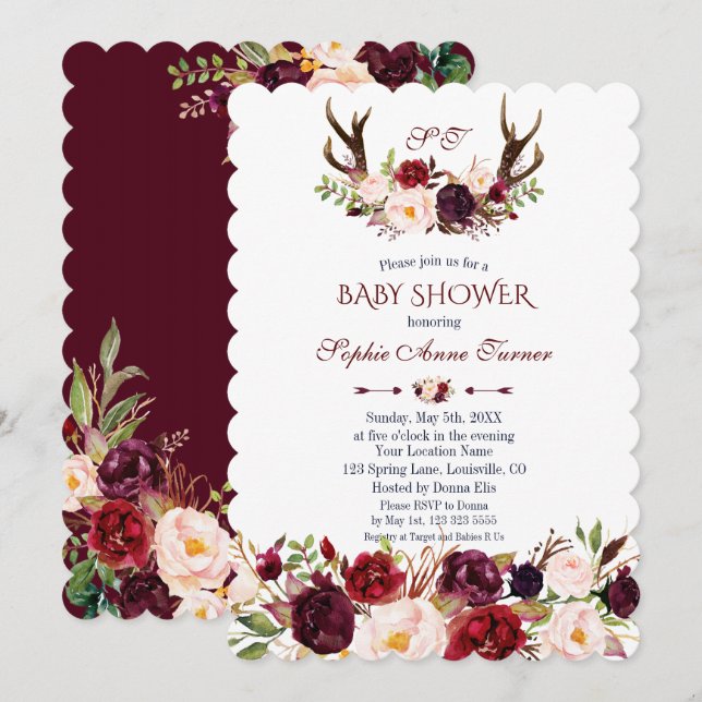 Burgundy Blush Marsala Floral Antlers Baby Shower Invitation (Front/Back)