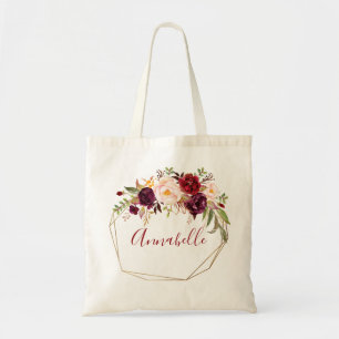 Burgundy & Blush Marsala Floral & Frame Name Tote Bag