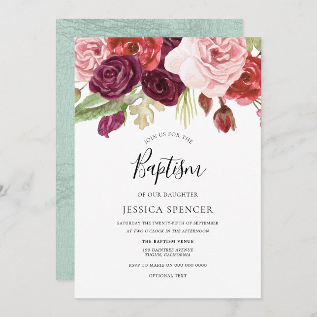 Burgundy Blush & Mint Floral Baptism Invite (Front/Back)