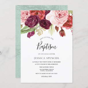 Burgundy Blush & Mint Floral Baptism Invite