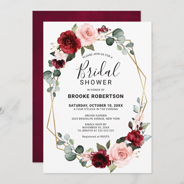 Burgundy Blush Modern Geometric Bridal Shower Invitation (Front/Back)