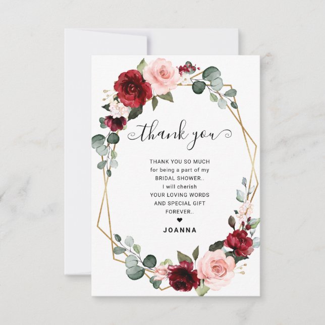 Burgundy Blush Modern Geometric Bridal Shower Thank You Card (Front)