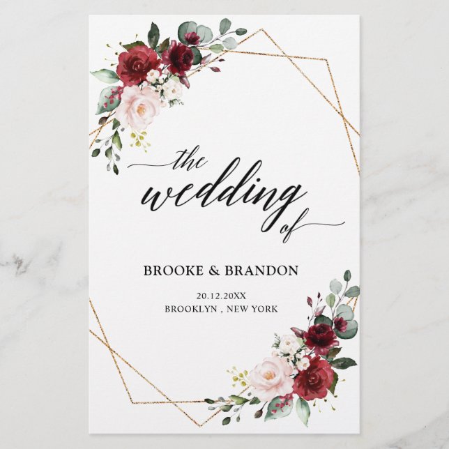 Burgundy Blush Modern Geometric Wedding Program (Front)