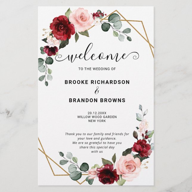Burgundy Blush Modern Geometric Wedding Program (Front)