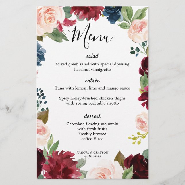 Burgundy Blush Navy Blue Botanical Wedding Menu (Front)