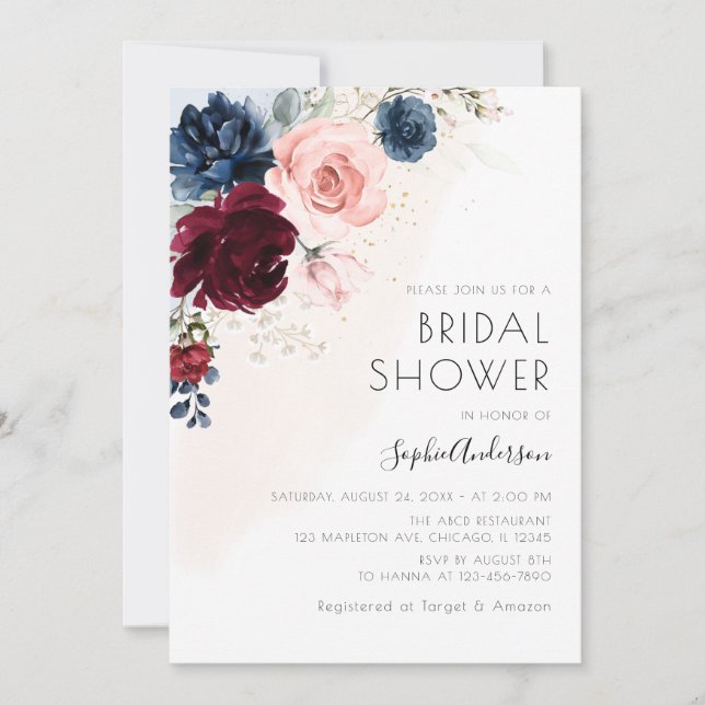 Burgundy Blush Navy Blue Floral Boho Bridal Shower Invitation (Front)
