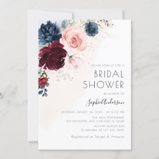 Burgundy Blush Navy Blue Floral Boho Bridal Shower Invitation