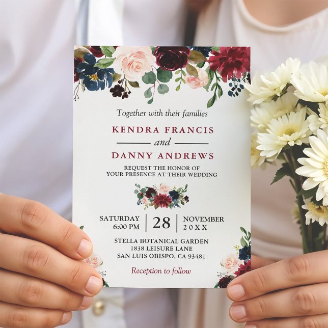 Burgundy Blush Navy Blue Floral Botanical Wedding Invitation (Creator Uploaded)