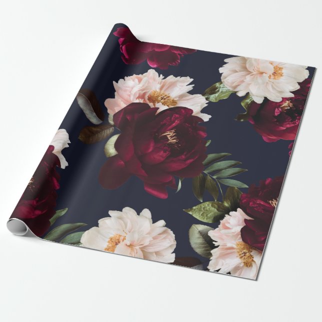 Burgundy Blush Navy Blue Floral Dark Moody Peonies Wrapping Paper (Unrolled)