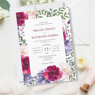 Burgundy Blush & Navy Blue Floral Frame Wedding Invitation