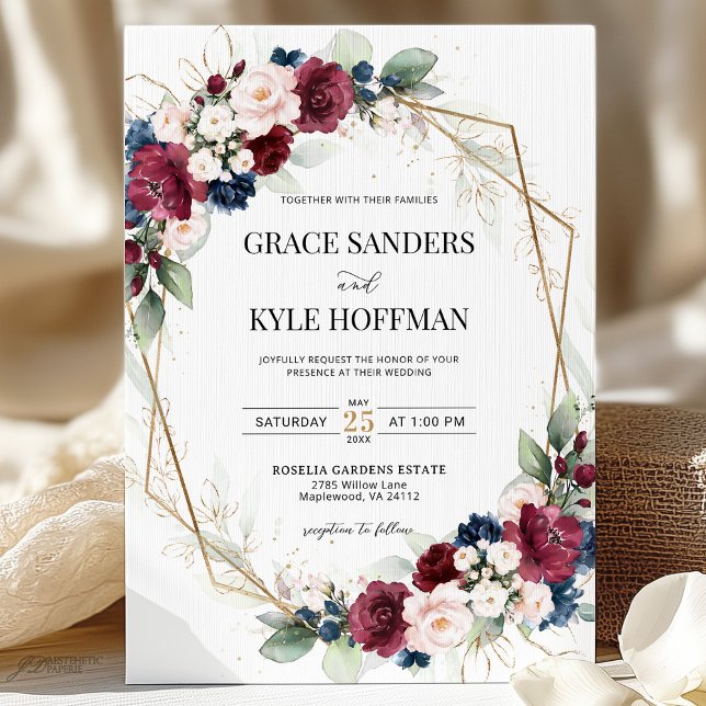 Burgundy Blush Navy Blue Floral Geometric Wedding Invitation (Creator Uploaded)