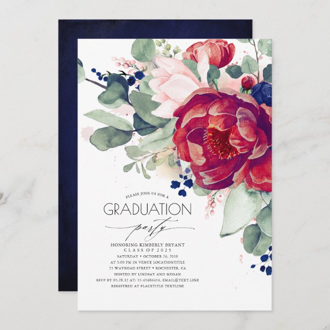Burgundy Blush Navy Blue Floral Graduation Party Invitation (Front/Back)