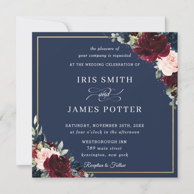 Burgundy Blush Navy Blue Floral Wedding Square Invitation (Front)