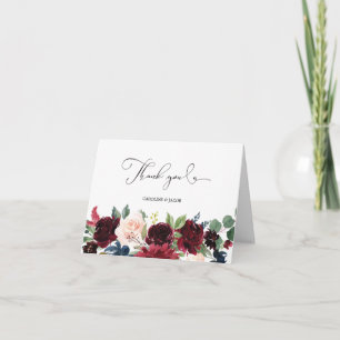 Burgundy Blush Navy Blue Floral Wedding Thank You Card
