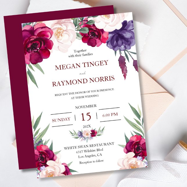 Burgundy Blush & Navy Blue Peony Floral Wedding Invitation (Creator Uploaded)