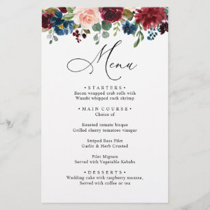 Burgundy Blush Navy Blue Roses Wedding Dinner Menu