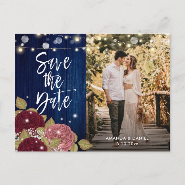 Burgundy Blush Navy Blue Save The Date Photo Announcement Postcard (Front)