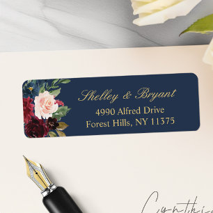 Burgundy Blush Navy Blue Watercolor Floral Address