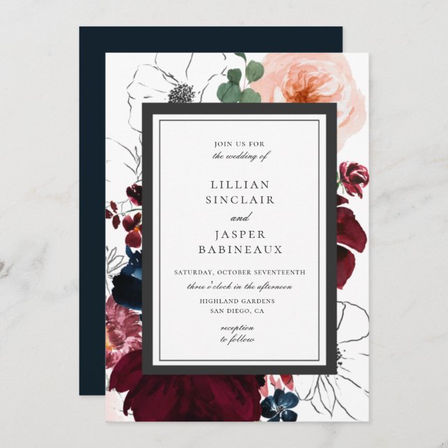 Burgundy Blush Navy Fall Floral Wedding Invitation (Front/Back)
