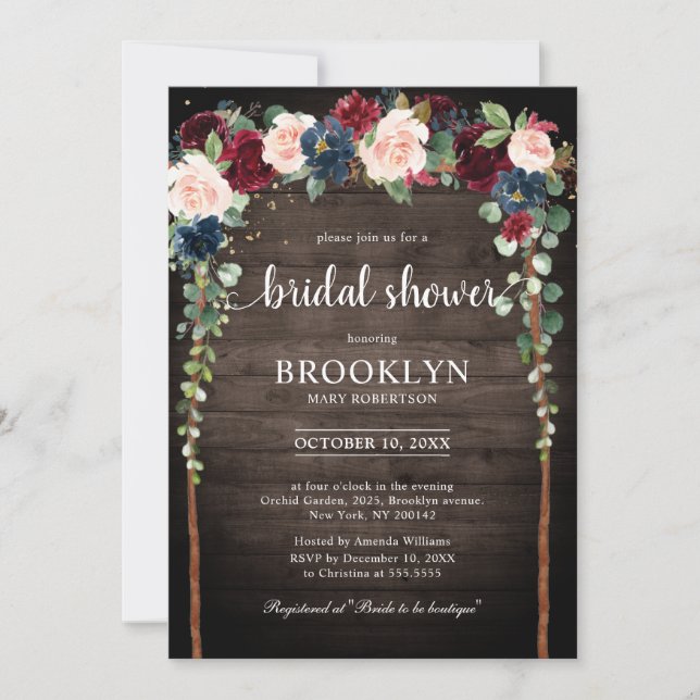 Burgundy Blush Navy Floral Arch Bridal Shower Invi Invitation (Front)