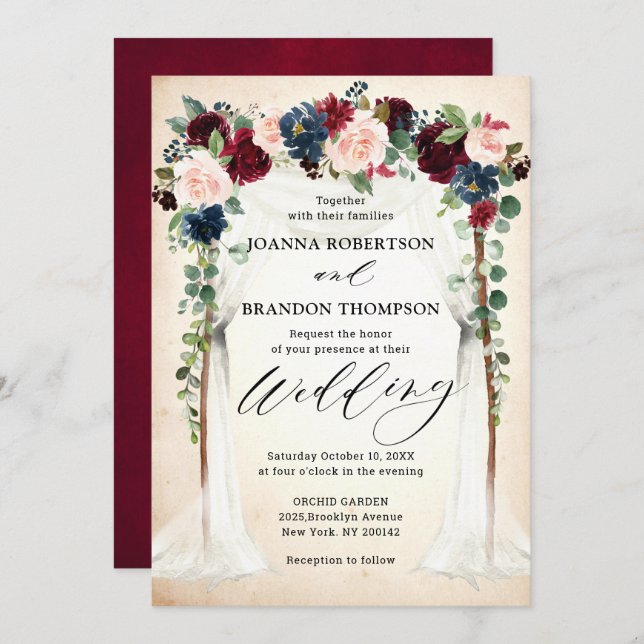 Burgundy Blush Navy Floral Arch Canopy Wedding Invitation (Front/Back)