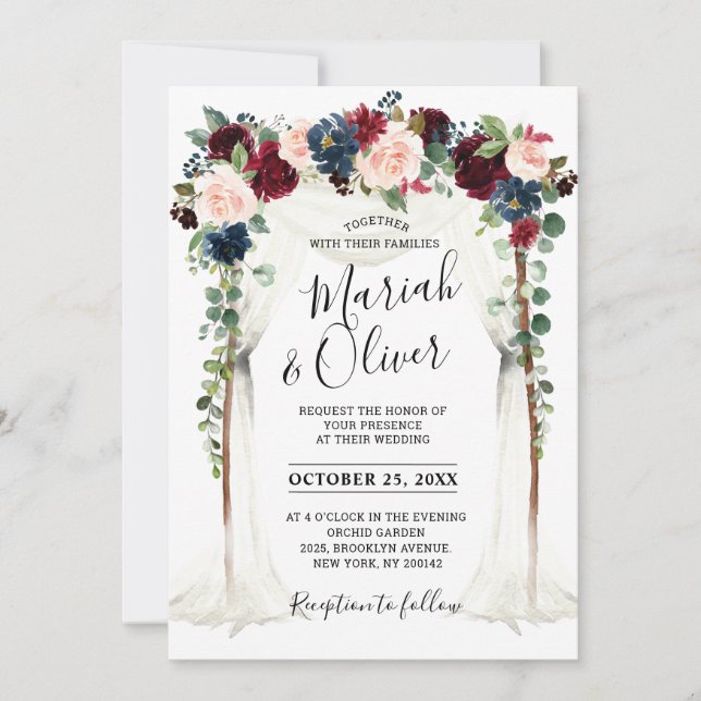 Burgundy Blush Navy Floral Arch Canopy Wedding Invitation (Front)