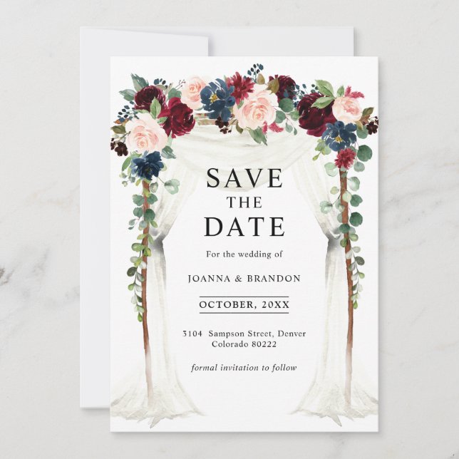 Burgundy Blush Navy Floral Arch Canopy Wedding Save The Date (Front)