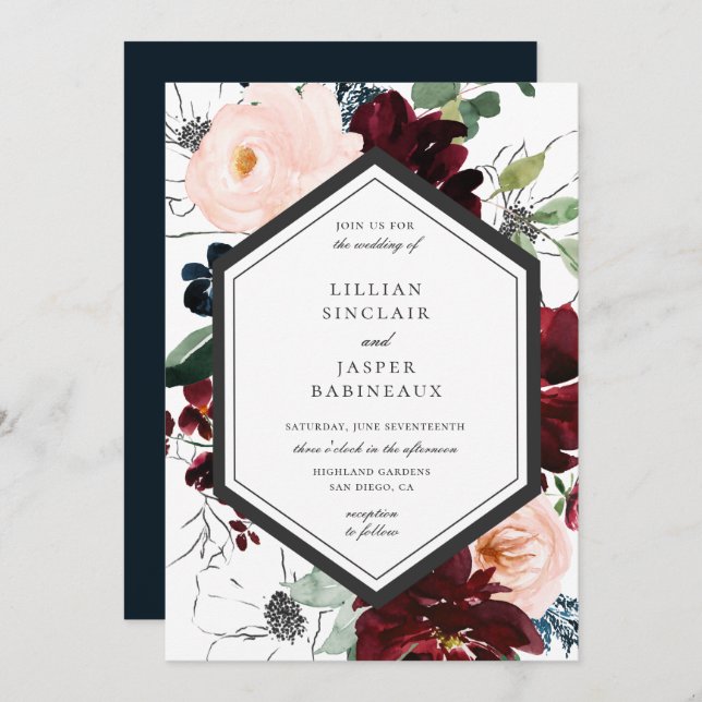 Burgundy Blush Navy Floral Frame Wedding Invitation (Front/Back)