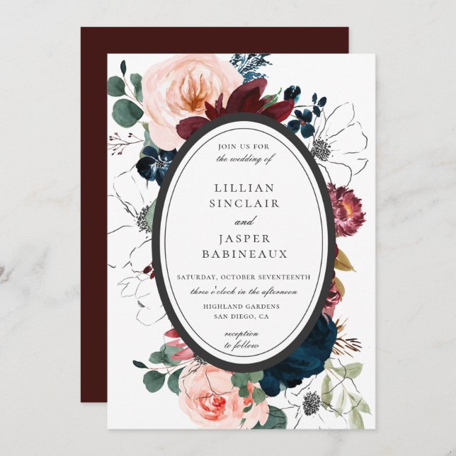 Burgundy Blush Navy Floral Oval Frame Wedding Invitation (Front/Back)