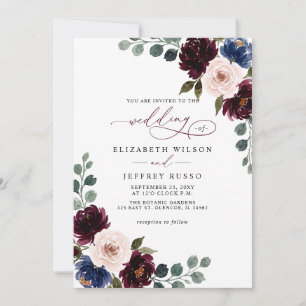 Burgundy Blush Navy Floral QR Code Wedding Invitation