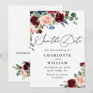 Burgundy Blush Navy Floral Roses Floral Wedding Save The Date