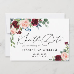 Burgundy Blush Navy Floral Roses Floral Wedding Save The Date