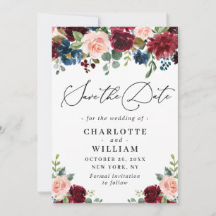 Burgundy Blush Navy Floral Roses Floral Wedding Save The Date
