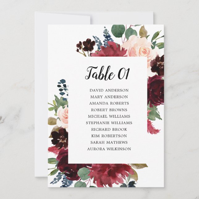 Burgundy Blush Navy Floral Seating Chart card (Front)