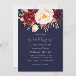 Burgundy Blush Navy Floral Wedding   Invitation